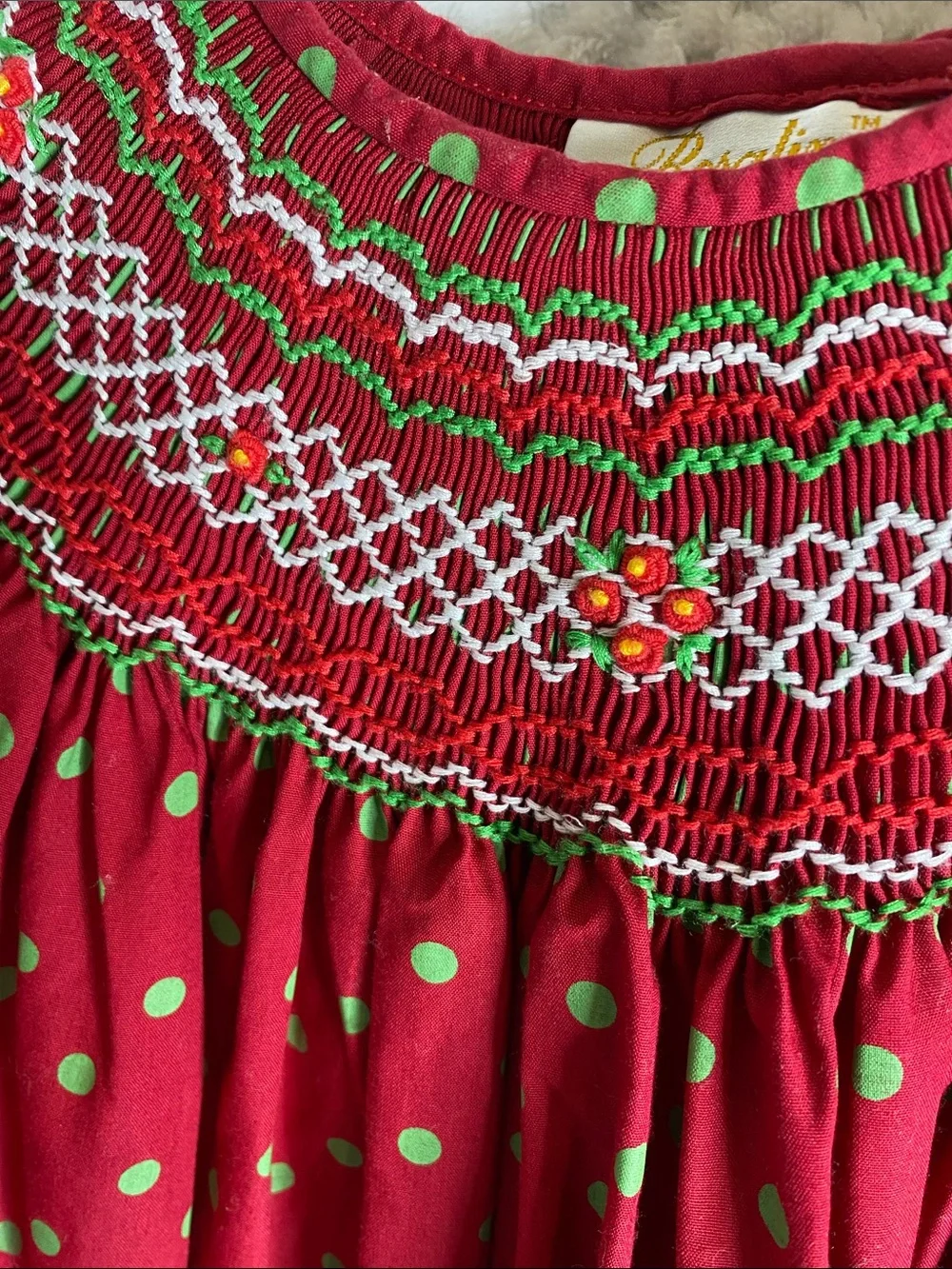 Rosalina Collections Smocked Red Dress with Green Polka Dots